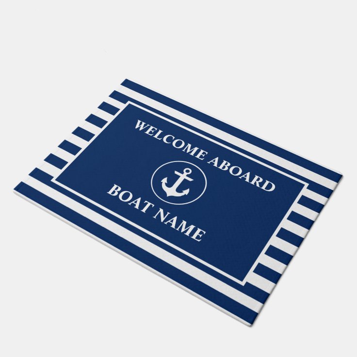 Nautical Welcome Aboard Navy Blue Striped Anchor Doormat | Zazzle