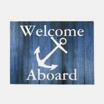 Nautical Welcome Aboard White Anchor Blue Wood Doormat