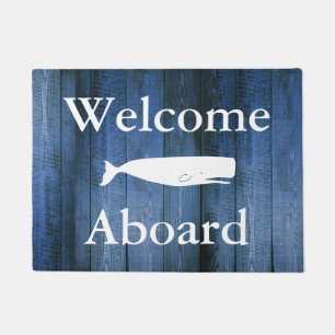 Nautical Welcome Aboard White Whale & Blue Wood Doormat