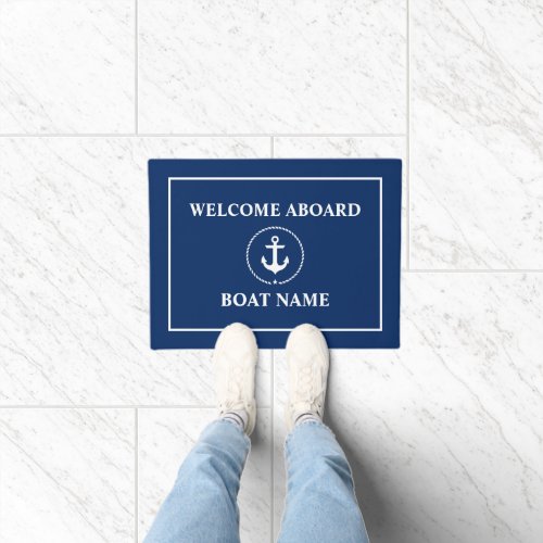 Nautical Welcome Anchor Rope Boat Name Blue Doormat