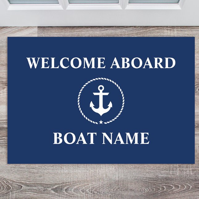 Nautical Welcome Anchor Rope Boat Name Door Mat (Customize to change text size, text style or background color.)