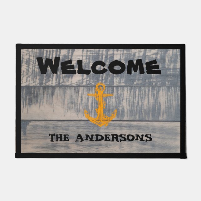 Nautical Welcome Any Name Rustic Grey Family Doormat (Front)