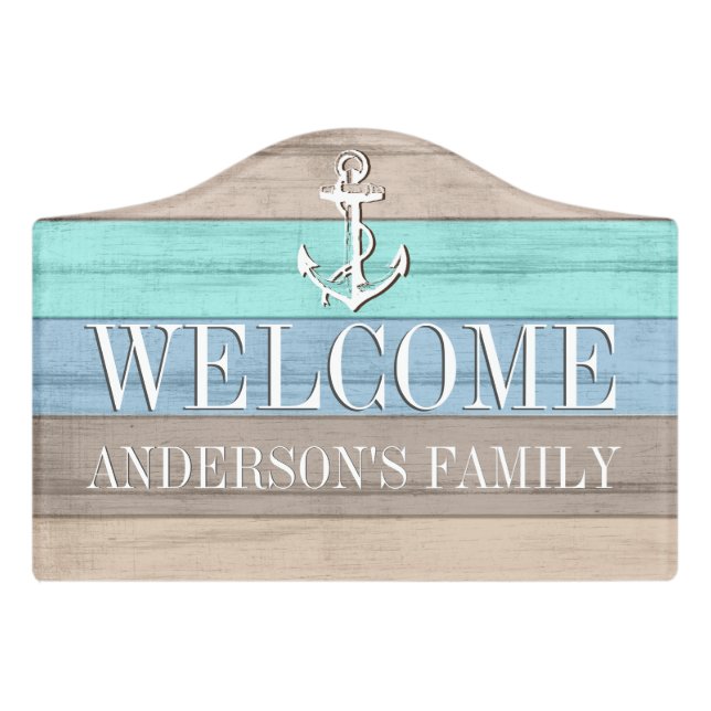 Nautical Welcome Beach Wood Anchor Door Sign (Small Crest Front)