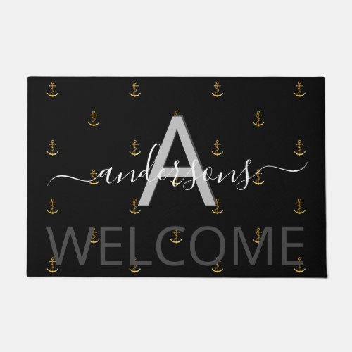 Nautical welcome black gold anchor boat monogram doormat