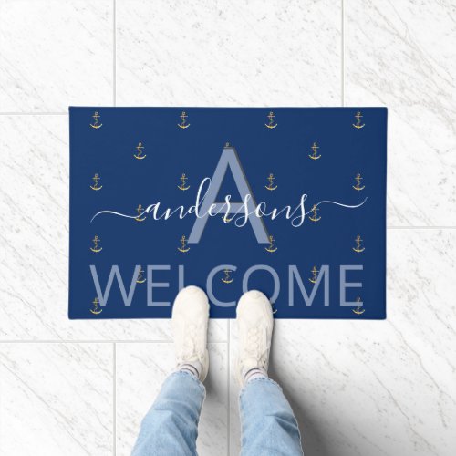 Nautical welcome blue gold anchor boat monogram doormat