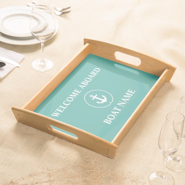 Nautical Welcome Boat Name Anchor Rope Serving Tray (Front)