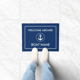 Nautical Welcome Boat Name Navy Blue White Doormat