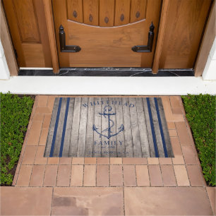 Nautical Welcome Family Name Anchor Beige Wood Doormat
