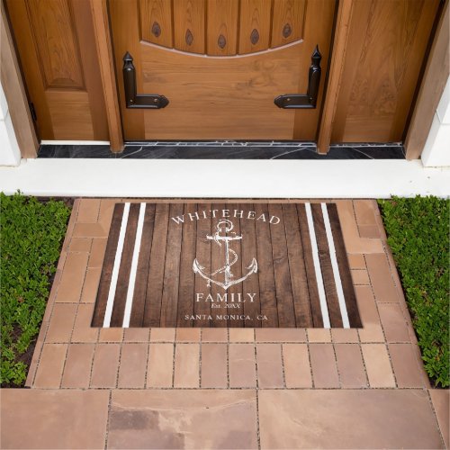 Nautical Welcome Family Name Anchor Brown Wood Doormat