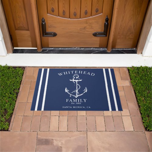 Nautical Welcome Family Name Anchor Navy Blue Doormat