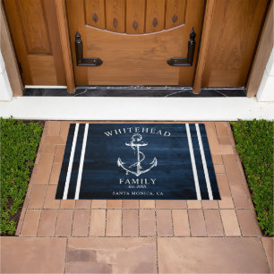 Nautical Welcome Family Name Anchor Navy Blue Wood Doormat