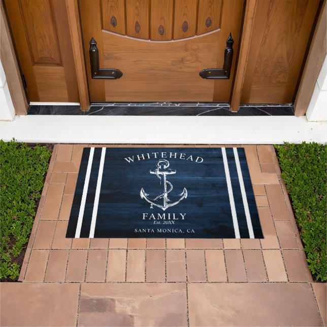 Nautical Welcome Family Name Anchor Navy Blue Wood Doormat (Outdoor)