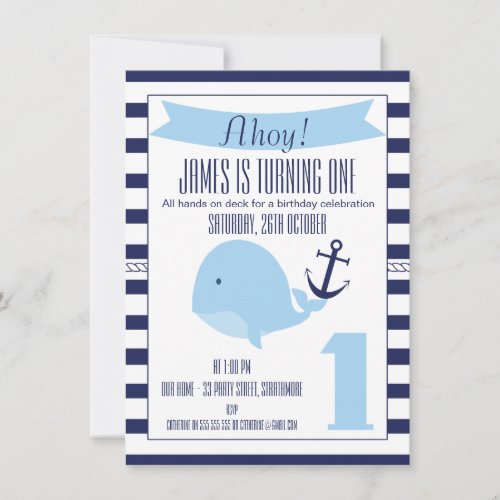 Nautical Whale 1st Birthday Invitation For Boy