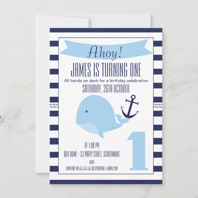 Nautical Whale 1st Birthday Invitation For Boy (Front)