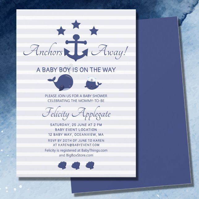 Nautical Whale Achors Away Blue Boy Baby Shower Invitation