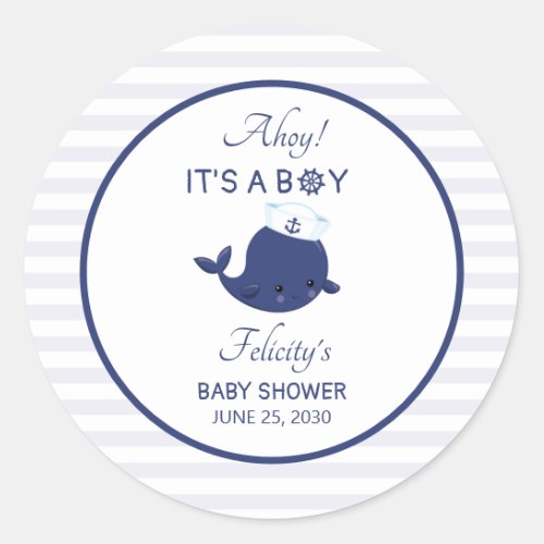 Nautical Whale Ahoy Its A Boy Baby Shower Classic Round Sticker