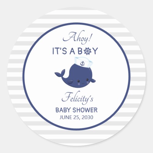 Nautical Whale Ahoy Its A Boy Blue Baby Shower Classic Round Sticker