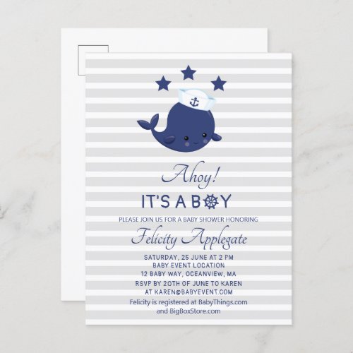 Nautical Whale Ahoy Its A Boy Blue Baby Shower Invitation Postcard