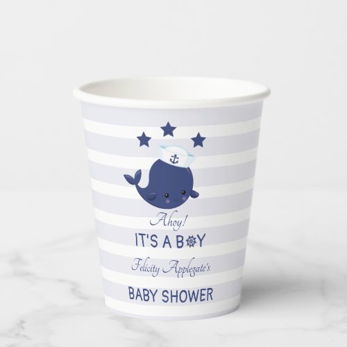 Nautical Whale Ahoy Its A Boy Blue Baby Shower Paper Cups