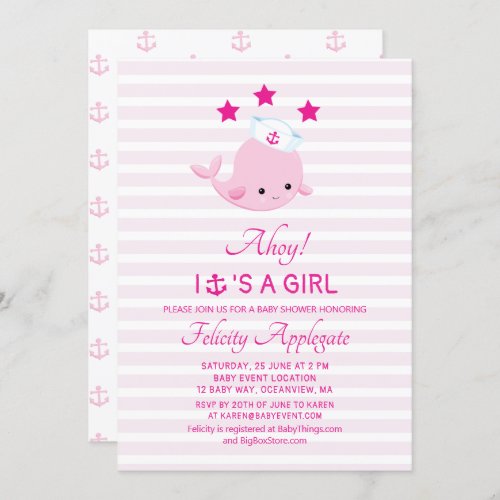 Nautical Whale Ahoy Its A Girl Baby Shower Invitation