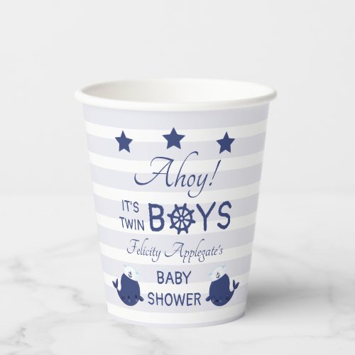 Nautical Whale Ahoy Its Twin Boys Blue Baby Shower Paper Cups