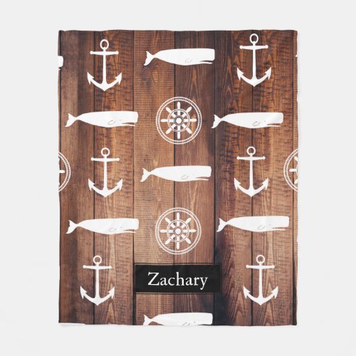 Nautical Whale Anchor  Helm Dark Wooden Planks Fleece Blanket