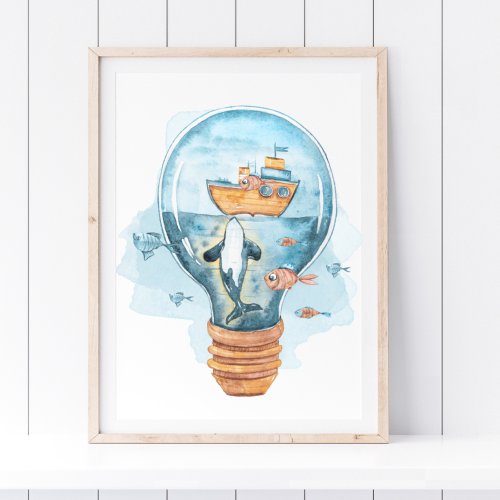 Nautical Whale and Boat Watercolor Art Poster