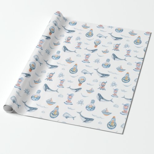 Nautical Whale and Lightbulb Watercolor Pattern Wrapping Paper