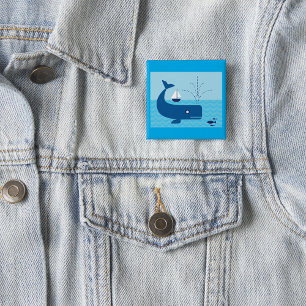 Nautical Whale and Sailboat Ocean Blue Sea Button