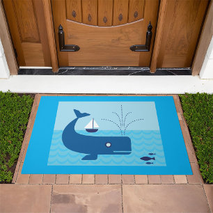 Nautical Whale and Sailboat Ocean Blue Sea Doormat