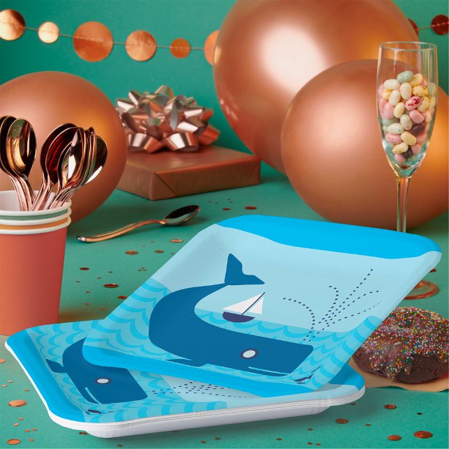 Nautical Whale and Sailboat Ocean Blue Sea Paper Plates (Creator Uploaded)