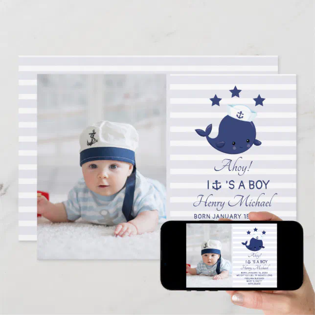 Nautical Whale Baby Boy Birth Announcement | Zazzle