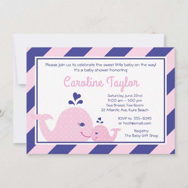 Nautical Whale Baby Shower Invitation pink & navy (Front)