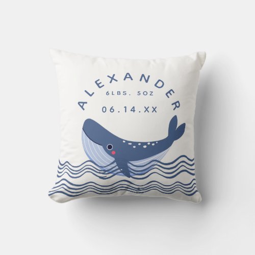 Nautical Whale Blue Date of Birth Weight Throw Pillow
