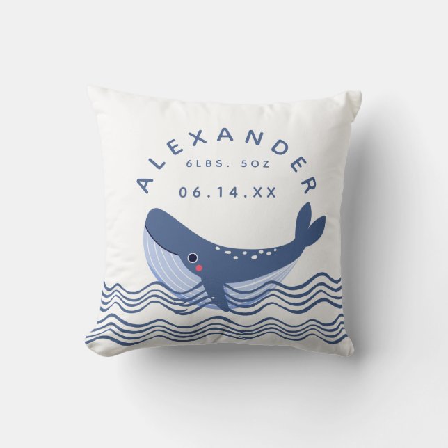 Nautical Whale Blue Date of Birth Weight Throw Pillow (Front)