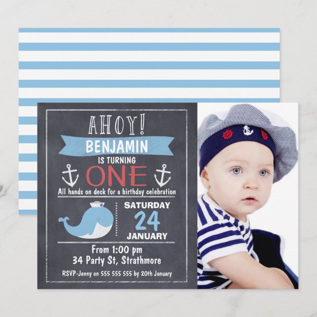 Nautical Whale Chalkboard 1st Birthday Invitation (Front/Back)