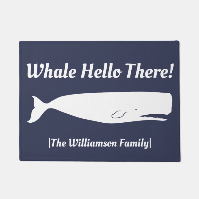 Nautical Whale Hello There Navy - Personalized Doormat (Front)