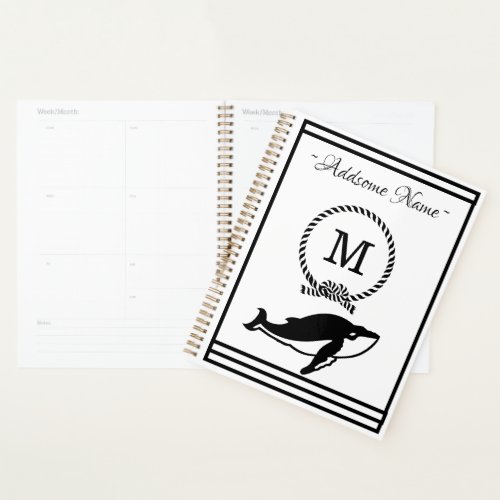 Nautical Whale Monogram Elegant Black White Planner