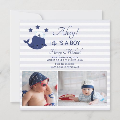 Nautical Whale Newborn Photo Baby Boy Birth Announcement