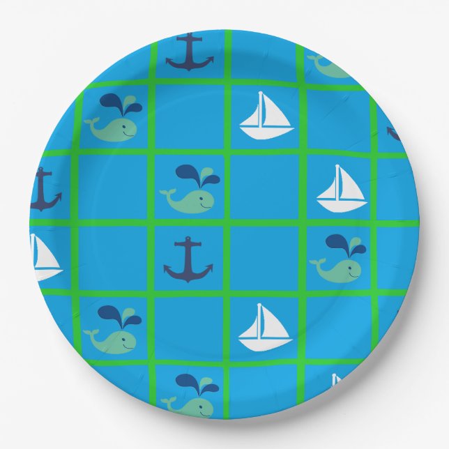 Nautical Whale, Sailboat, Anchor Blue Green Plates (Front)