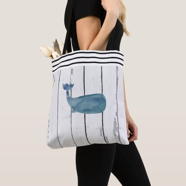 Nautical Whale Shiplap Beach Tote Bag (Close Up)