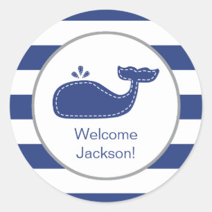 Nautical Whale Sticker, Preppy Navy Rugby Stripes Classic Round Sticker