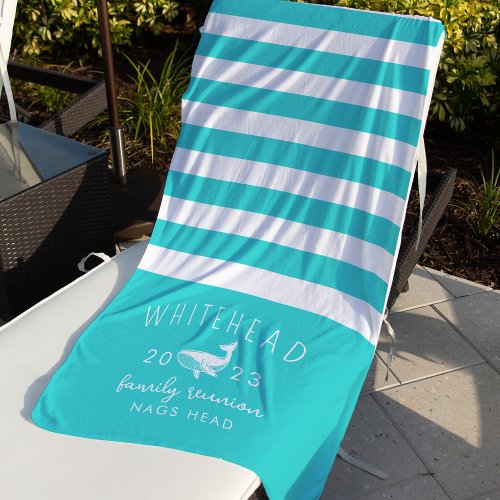 Nautical Whale Stripe Aqua Blue Monogram Beach Towel