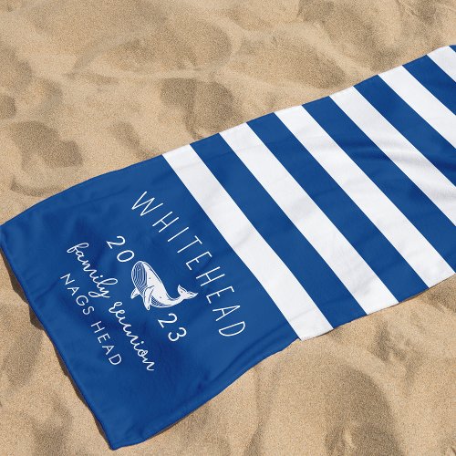 Nautical Whale Stripe Royal Blue Monogram Beach Towel