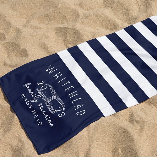 Nautical Whale Tail Stripe Navy Monogram Beach Towel