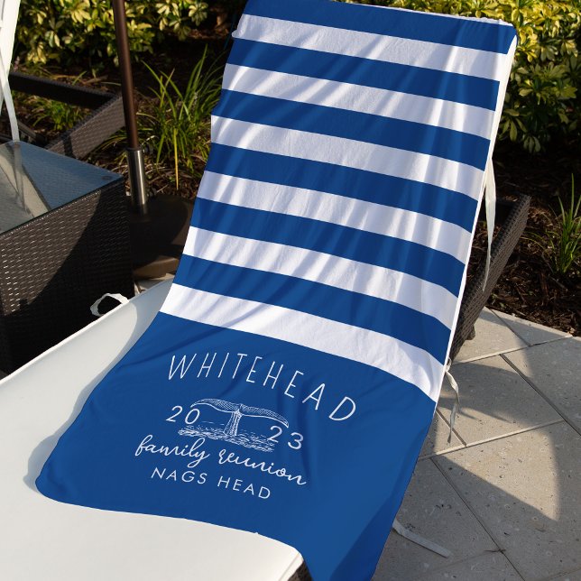 Nautical Whale Tail Stripe Royal Blue Monogram Beach Towel (Creator Uploaded)