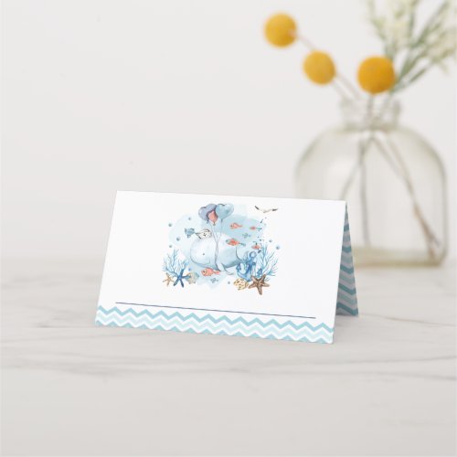 Nautical Whale Under the Sea Blue Boy Baby Shower Place Card