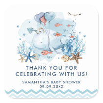 Nautical Whale Under the Sea Blue Boy Baby Shower  Square Sticker