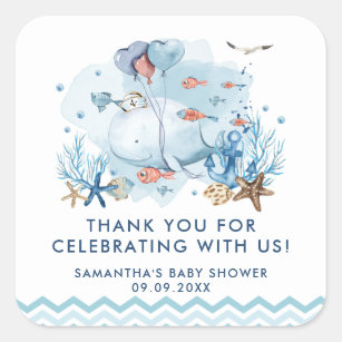Nautical Whale Under the Sea Blue Boy Baby Shower  Square Sticker