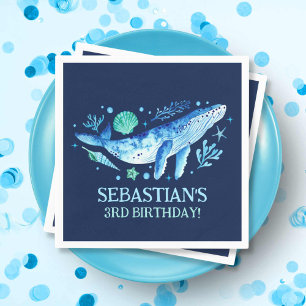 Nautical Whale Under the Sea Watercolor Navy Blue Napkins